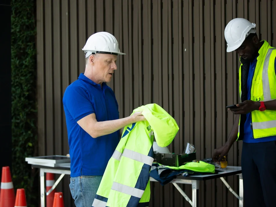 dos personas con ropa de trabajo de alta visibilidad