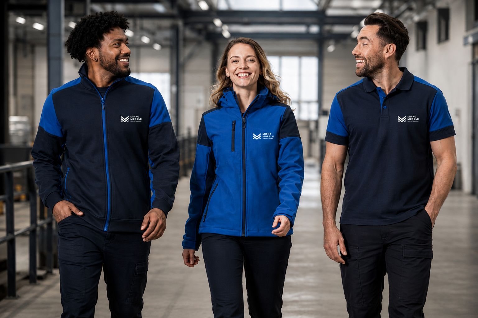 Equipo de trabajadores con ropa de trabajo personalizada con el logo de empresa, caminando en una nave industrial