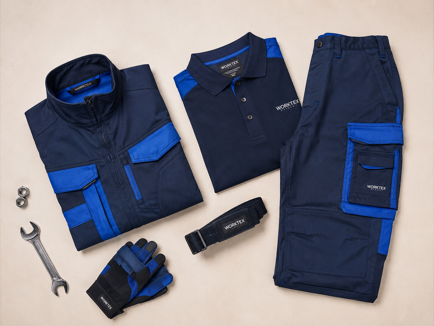 Ropa de trabajo para mecánicos e industria en azul marino y azul royal con chaqueta, polo, pantalón y guantes