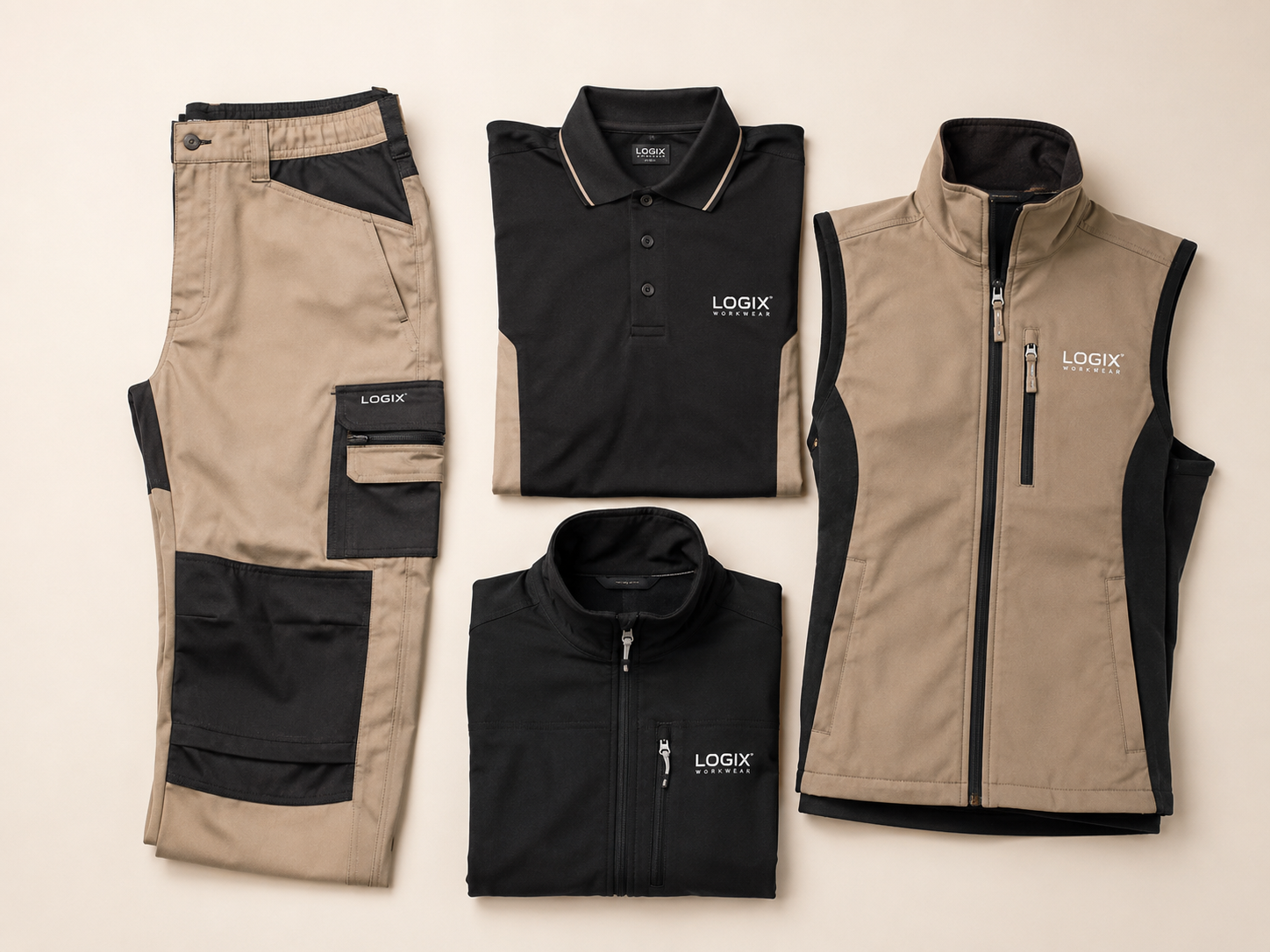 Uniforme laboral para logística en tonos beige y negro con pantalón, polo, chaleco y chaqueta