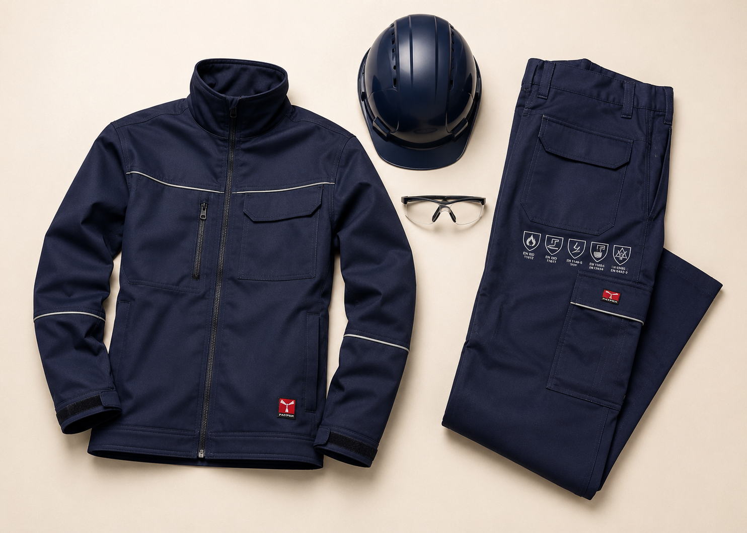 Conjunto de ropa multinorma azul marino con chaqueta, pantalón, casco y gafas de seguridad