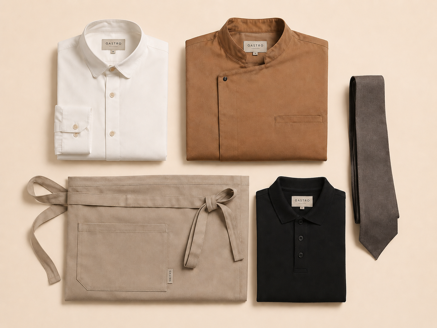 Uniforme de hostelería con camisa blanca, chaquetilla camel, delantal beige, polo negro y corbata
