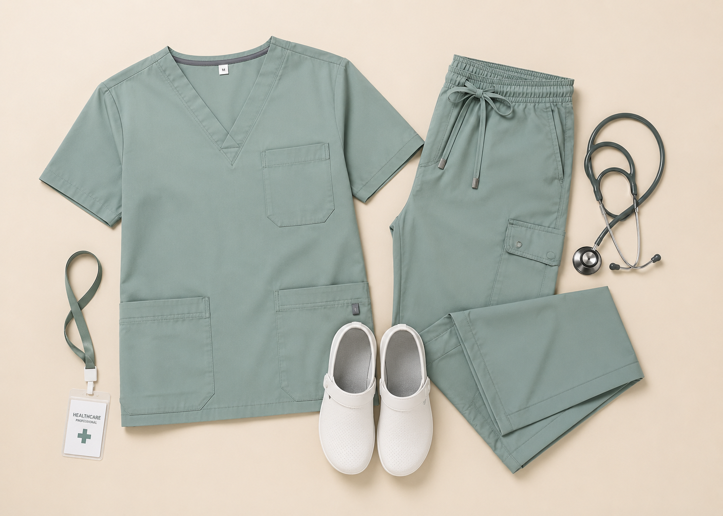 Uniforme sanitario verde con casaca, pantalón, calzado sanitario y estetoscopio